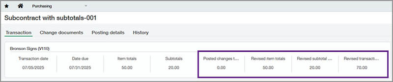 Posted Change Order Subtotals on Subsontracts