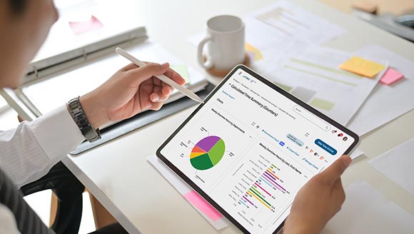 Businessman using digital tablet mockup empty display screen.